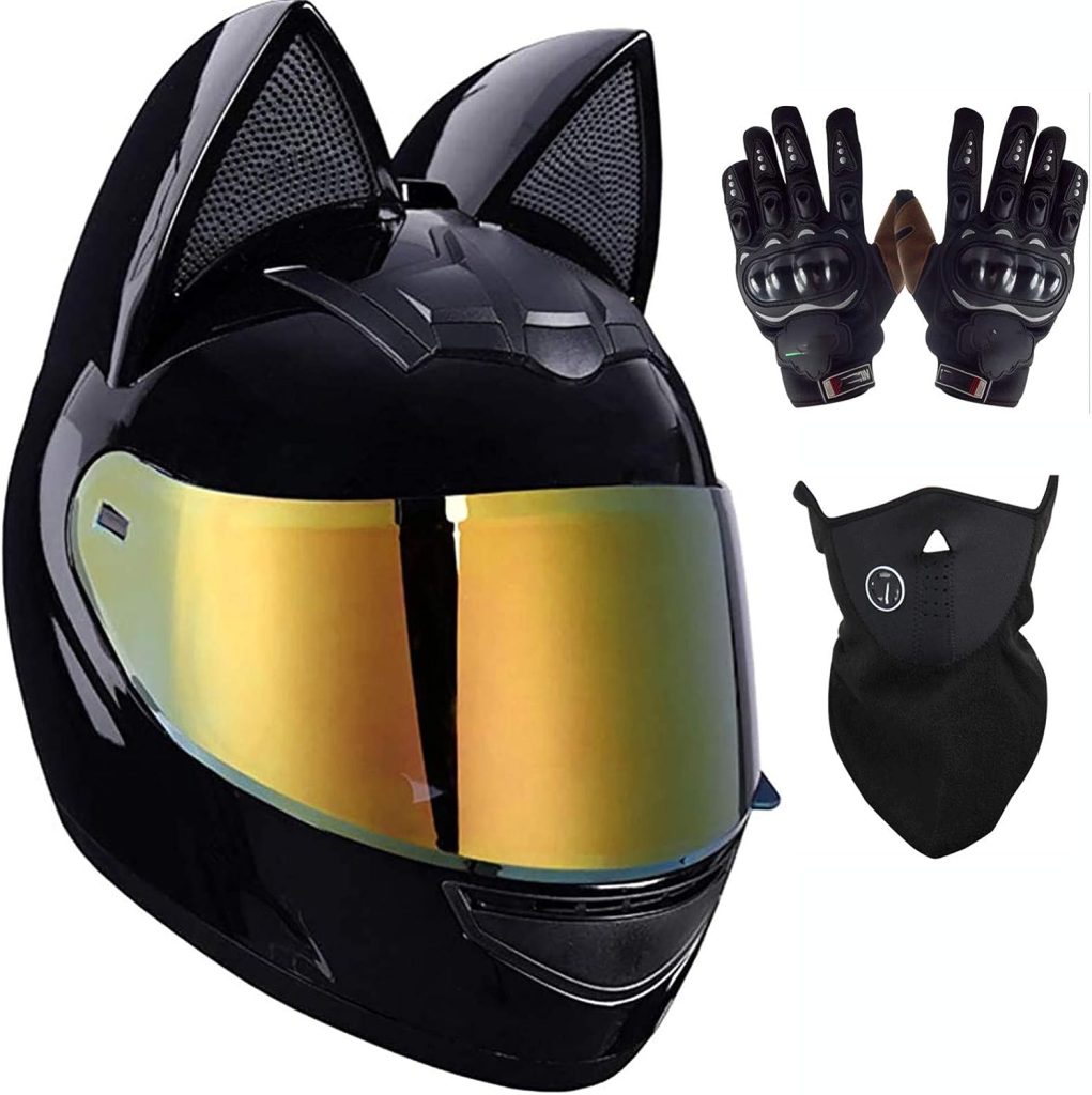 Women Full Face Cat Ears Motorcycle Helmets, Adult Flip Up Visors Motocross Helmet Motorbike Crash Modular Helmet Lightweight Design DOT Certified, Gloves Mask