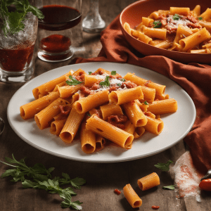 Plate of creamy Carbone Spicy Rigatoni garnished with Parmesan on a rustic table with a glass of red wine.