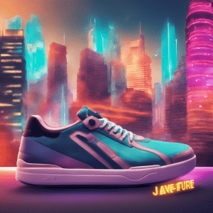 Javi shoes showcased against a cityscape backdrop with the caption 'Step into the Future with Javi'.