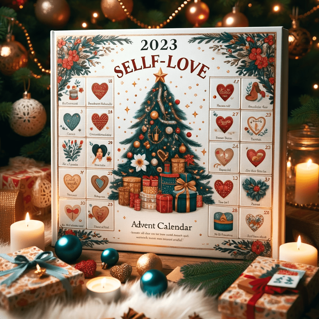 Christmas-themed self-love advent calendar with daily self-care activities and affirmations.