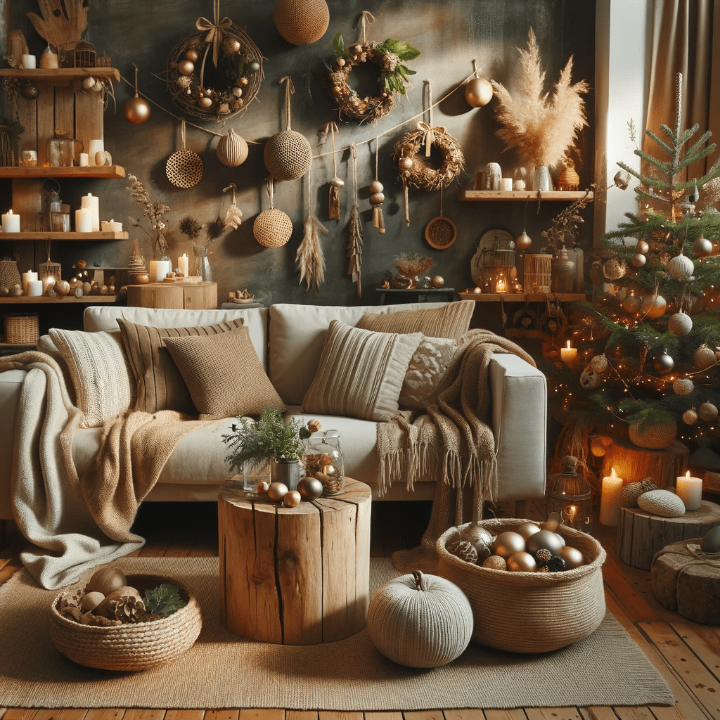 Cozy living room decorated for Christmas with natural tones and wooden ornaments.