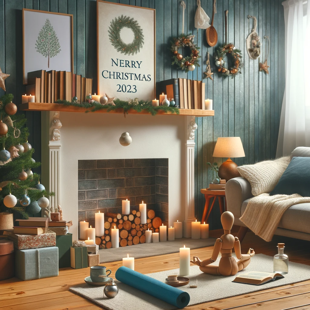 Peaceful home setting emphasizing self-love and wellness for Christmas, with a cozy nook and meditation corner.