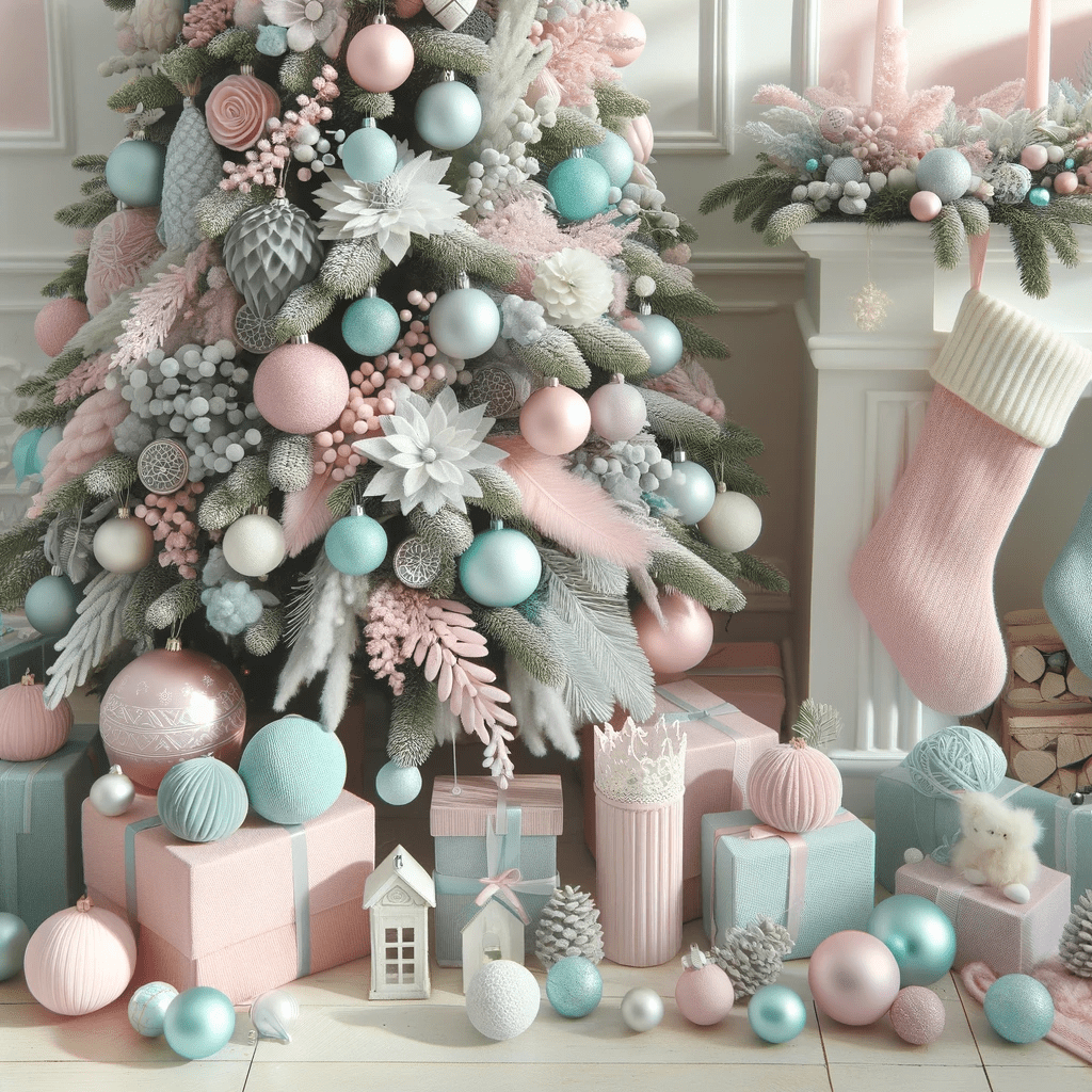Serene Christmas scene with pastel decor including stockings and baubles.