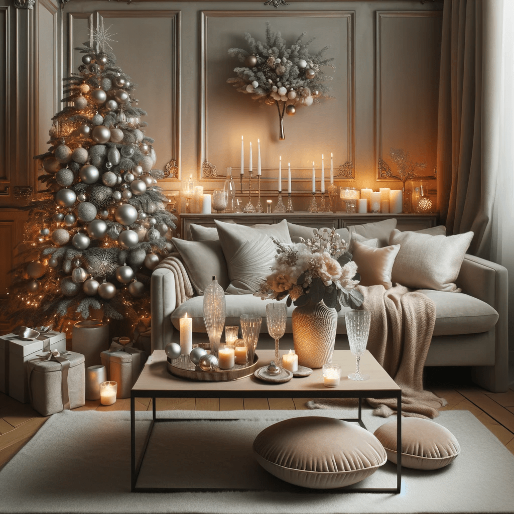 Stylish living room decorated with soft colors and plush materials for Christmas 2023.