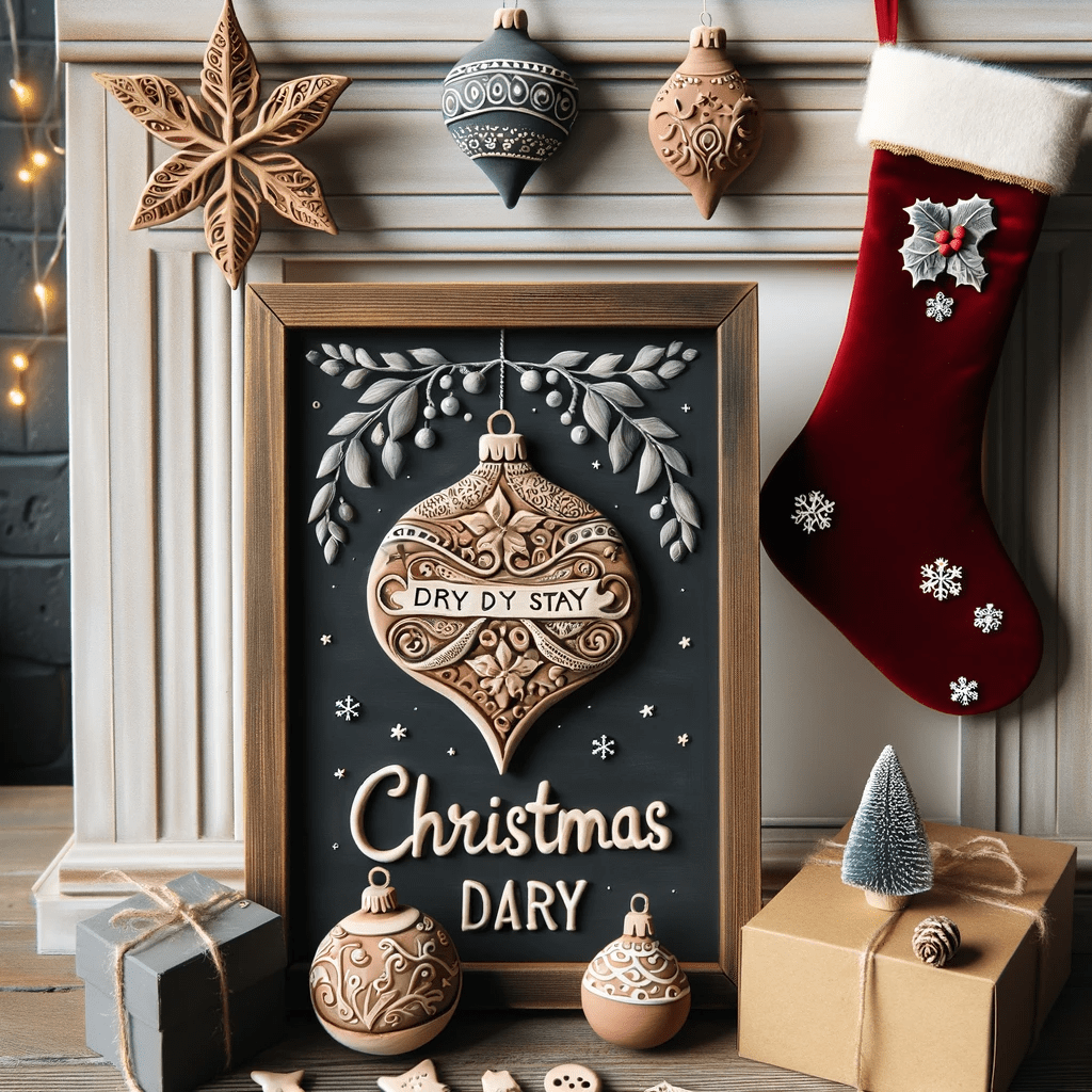 Assorted DIY Christmas decorations including a hand-painted wooden sign, air dry clay ornaments, and a handmade velvet stocking.