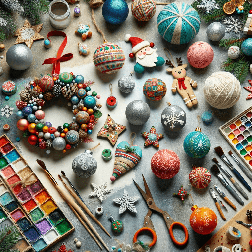 Variety of eco-friendly DIY Christmas decorations featuring a colorful handmade garland, custom-painted baubles, and a recycled-material wreath.